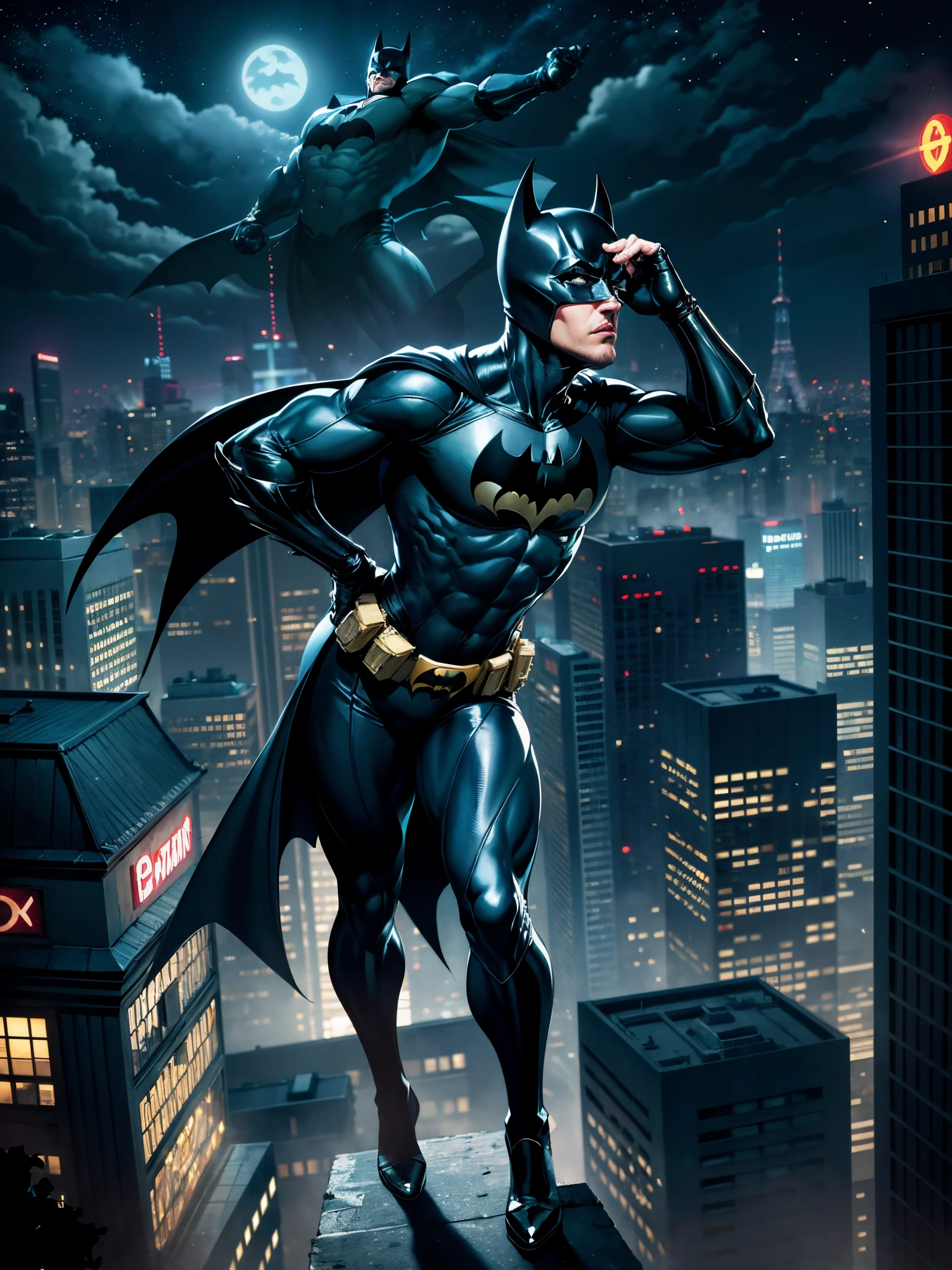 masculine, powerful, male, there is a Batman on a rooftop with his hands on his head, wearing superhero suit, distorted pose, doing a majestic pose, doing an elegant pose, cool pose, stylish pose, full body picture, with a cool pose, doing a hot majestic pose
