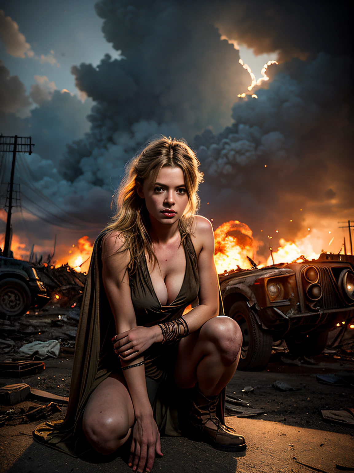 RAW photograph,  Russian girl 18 years old , beautiful face, beautiful facial features,   dirty sweaty face, long dirty blonde hair, wind blown hair, jedi robes, Jedi Master, sexy, Against the backdrop of a desolate post-apocalypse, hero landing pose, crouched, torn costume, costume with lots of holes and tears in it, lots of skin showing, lots of cleavage visible, torn clothes, destroyed buildings, Carcasses of burnt war vehicles, tracer bullet flares on background, Oppressive atmosphere, Dark skies, photo realism, sharp-focus, fallout, science fiction, cinematic scene, space vehicles in sky