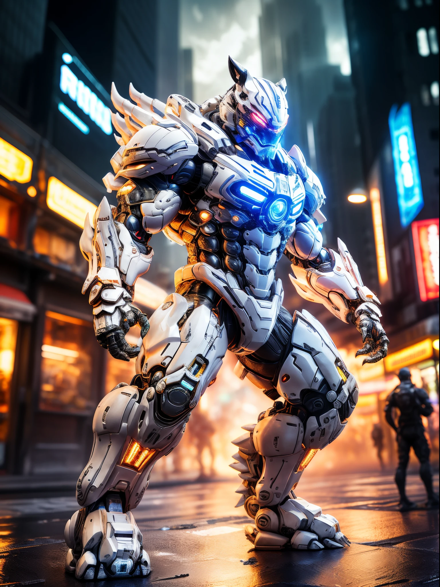 (anthropomorphic turtle:1.5),(fully body photo),cyber punk personage,middle,1 White Tiger Mecha(Mechanical white tiger head,white luminous goggles,Gas masks,Muscular limbs,Muscular),Stand on both legs,((Sharp claws)),Mechanical Wonder,Damage to mechanical components,without humans,rays of moonlight,Fantastic brilliance,Destroyed cities,(globalillumination、ray traycing、HighDynamicRange、Unrealistic rendering、Rational design、tmasterpiece、Best quality、hyper HD、电影灯光)