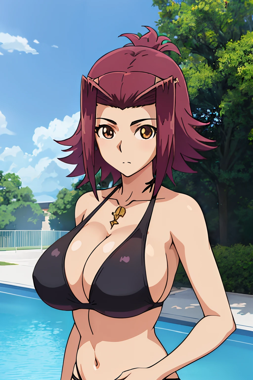 an anime girl、Cool girl、beautiful a girl、female high-school student、garments:Bikini swimwear、rating:safe、Black bikini swimsuit、huge tit、girl with very big breasts、Short redhead girl、Brown-eyed girl、solo、navel、diamond-shaped hair ornament、cleavage、looking_at_viewer、outdoors、a girl is standing、bangs、cowboy_shot、Girl with short black hair、shiny、day、pool、collarbone、eyebrows_visible_through_hair、tree、shiny_hair、closed_mouth、stomach、photo_background、fence、water、bare_shoulders、arms_at_sides、strap_gap、shiny_skin、halterneck、railing、The best girls in anime、artwork in the style of guweiz、Detailed Digital Anime Art、perfectly shaded body、realistic anime 3 d style、beautiful attractive anime girl、realistic anime art style、realistic shaded perfect body、