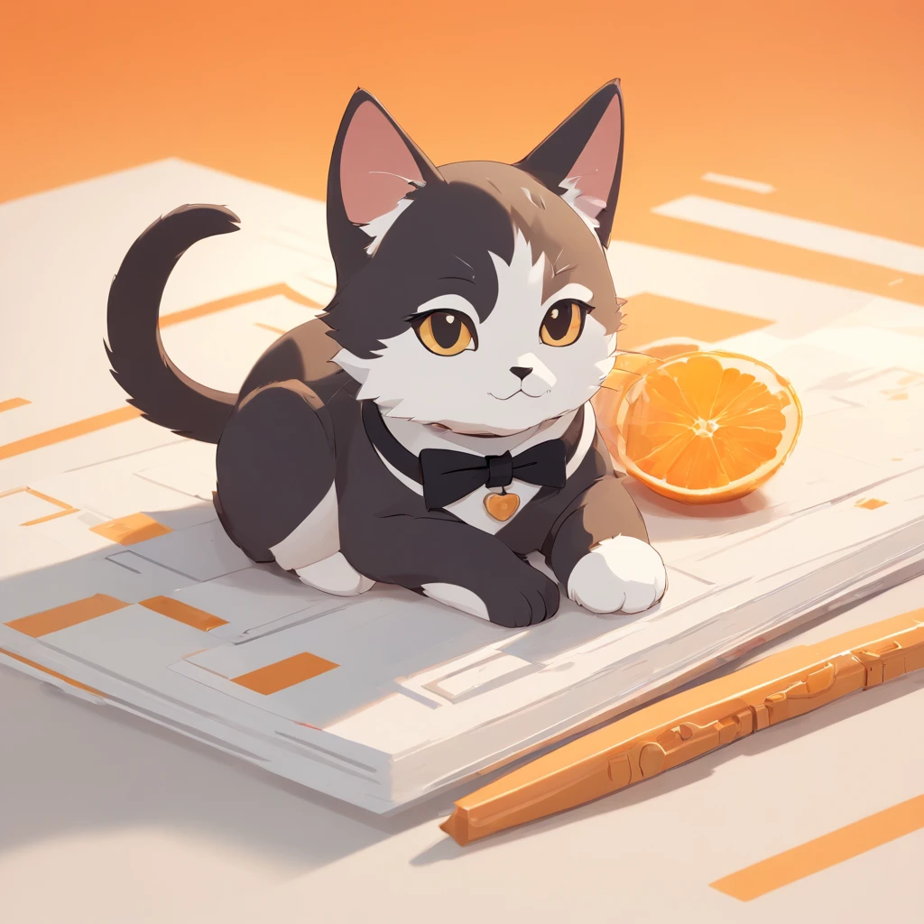 Cute isometric cat emoticon, tuxedo jack, black and white cat, Fluffy and cute, The kitten lies on its side with its eyes closed and its whole body ，Pastel gold background, soft and muted colors, 3d icon clay render, springtime: 120mm, 3d blender render, Trending on Polycount, modular constructivism, Orange background, physically-based renderingt,