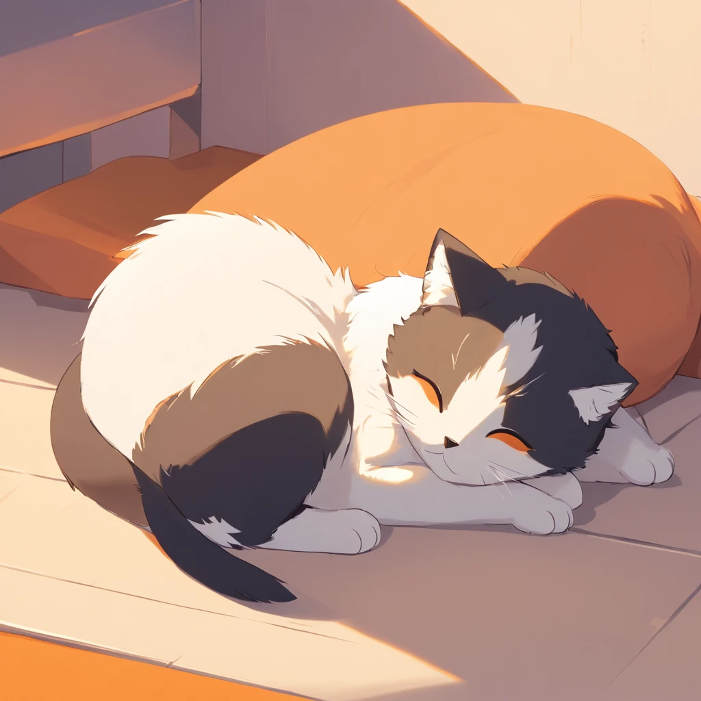 Cute isometric cat emoticon, tuxedo jack, black and white cat, Fluffy and cute, The kitten lies on its side with its eyes closed and its whole body ,Pastel gold background, soft and muted colors, 3d icon clay render, springtime: 120mm, 3d blender render, Trending on Polycount, modular constructivism, Orange background, physically-based renderingt,
