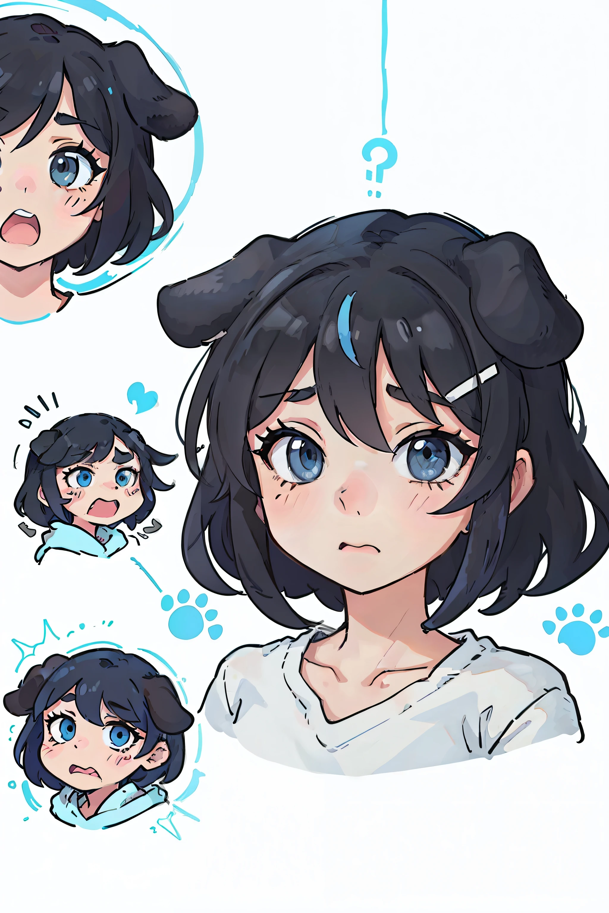 Cute puppy，expression，F/64 group，dog ears，black color hair，blue color eyes，all kinds of expressions，having fun，grieves，Ironically，frustrated，adorable eyes，white BE, illustration nii 5 style cute, emoji as illustration set, It has a bold comic line style,
Dynamic pose deep white，related characters，old meme kernel