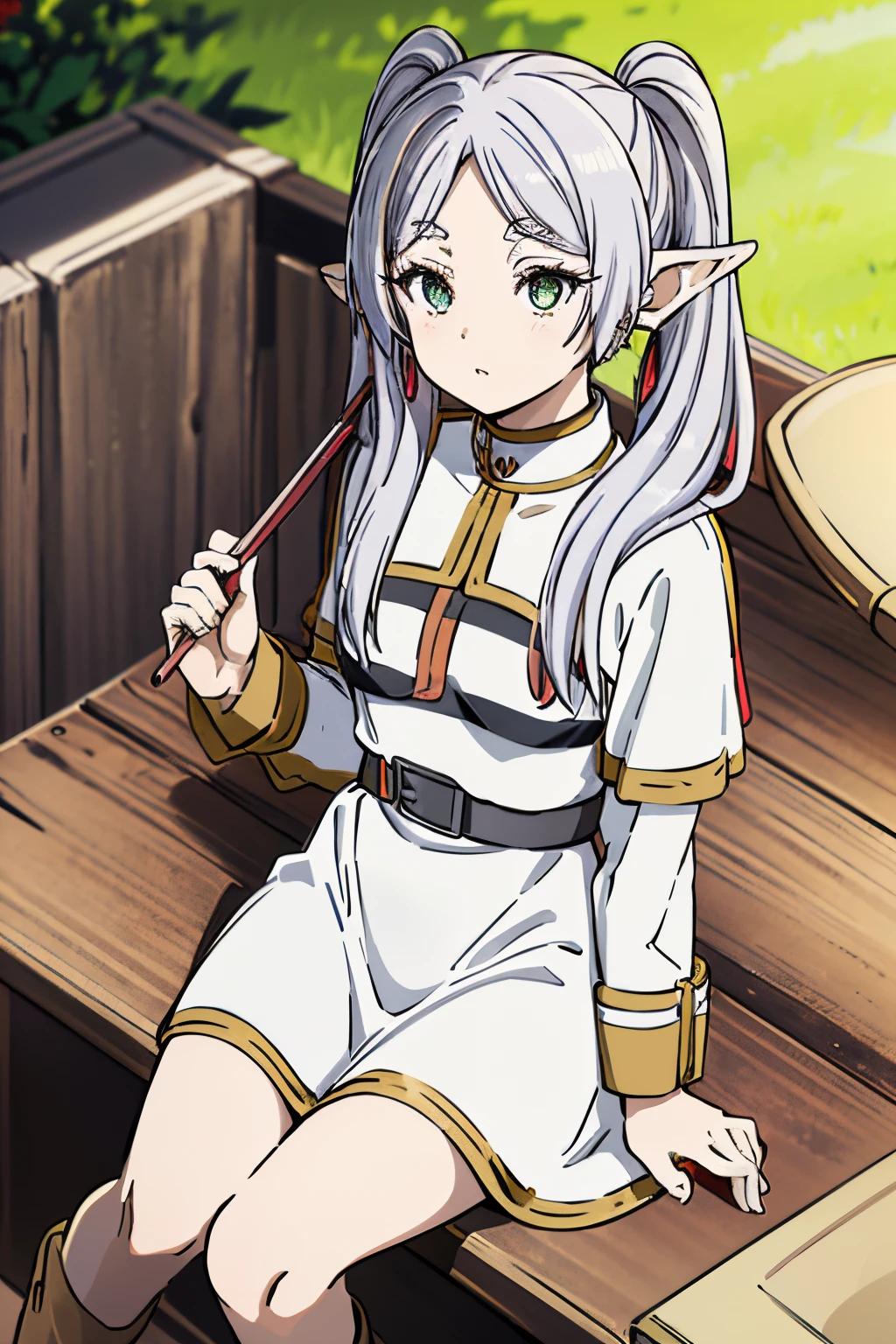 Navidad,red christmas hat,Christmas Dress,FrierenNDV, ojos bien hechos,ojos definidos,1 chica, pelo blanco, dos coletas, ojos verdes, pechos medianos, pelo largo, orejas puntiagudas, duende, flequillo partido, capa blanca, vestido rojo, beltt, mangas largasamigos,ojos verdes,pelo largo,twintails,flequillo partido,aretes,jewely,vestido,mangas largas,capa blanca,beltt,pantimedias negras,botas,brown footwear,