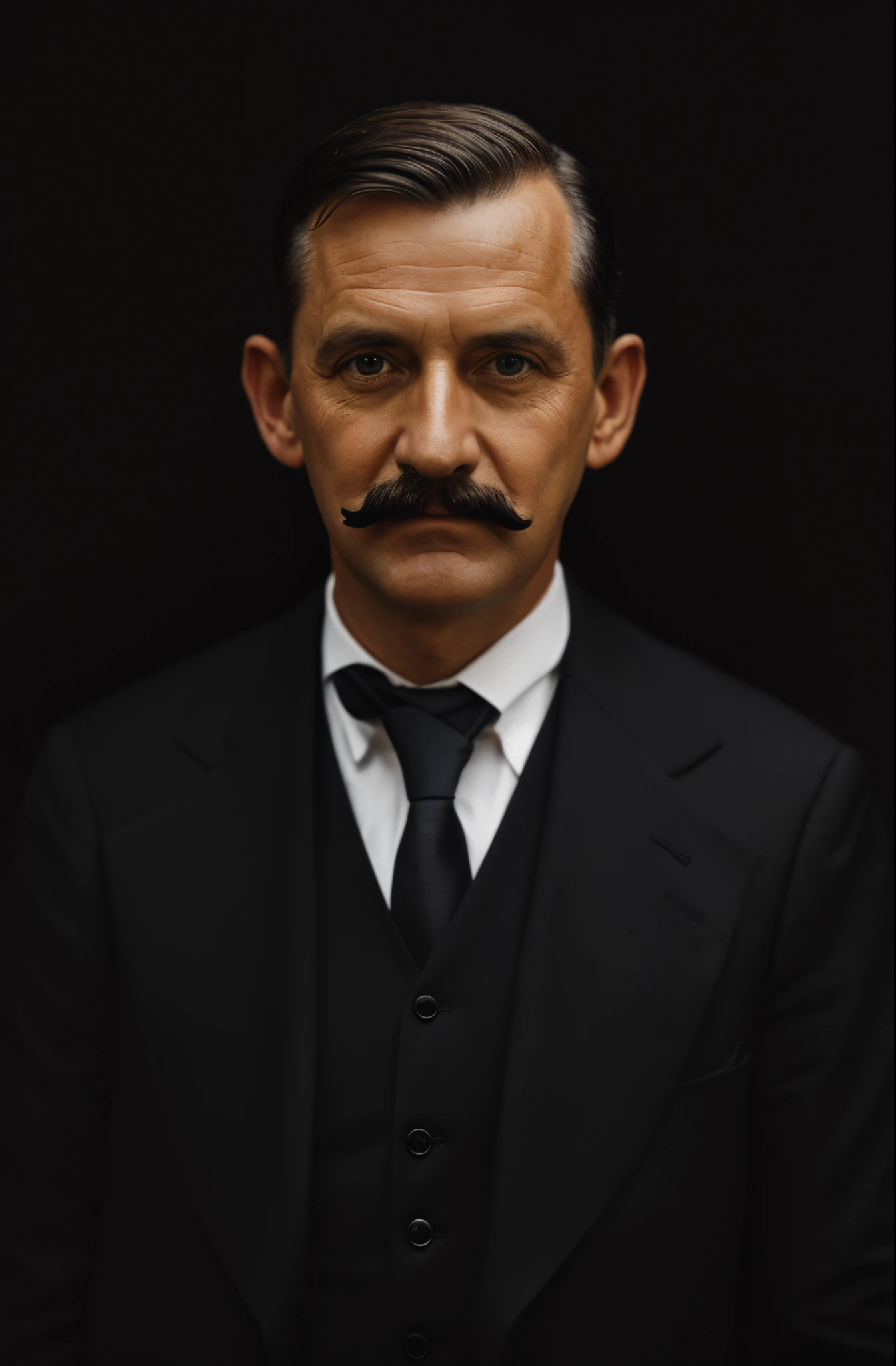 There's a man in a suit and tie with a mustache, 3d render senior artist, Czeslaw Znamierowski, foto de um homem, foto colorida, rosto restaurado realista, color studio portrait, imagem retrato, uma foto colorida, full protrait, uma foto de um homem, imagem retrato, inspirado em Henry Snell Gamley