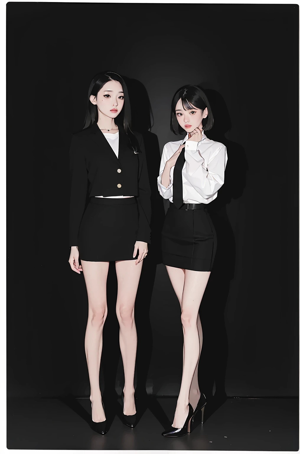 Polaroid black tone low key film, masterpiece, best quality, office lady, heels, dark background,