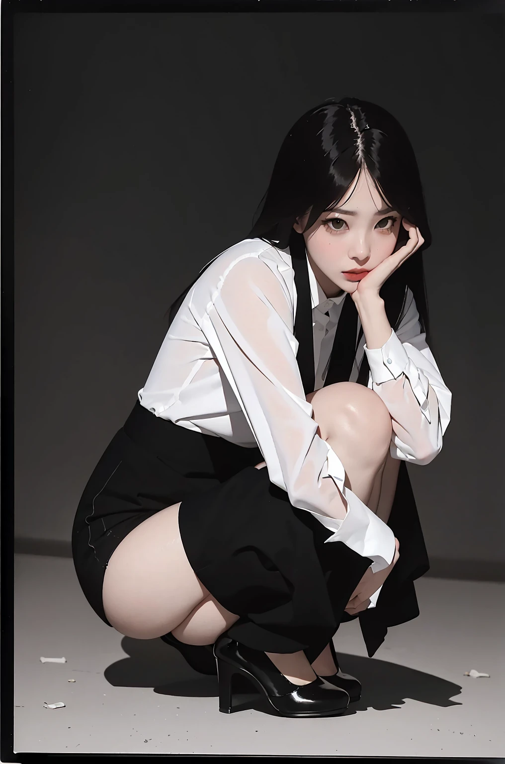 Polaroid black tone low key film, masterpiece, best quality, office lady, heels,  dark background,