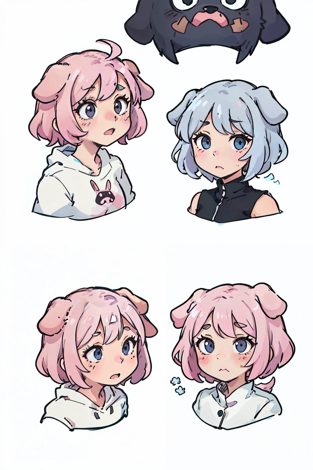 Cute pink puppy,expressions,dog ears,Various expressions,having fun,grieves,sarcastic,despondency,adorable eyes,White BE, illustration-nii 5-style cute, emoji as illustration set, with boold manga line style,
dynamic pose dark white,,f/64 groups,related characters,Old
Meme Kernel