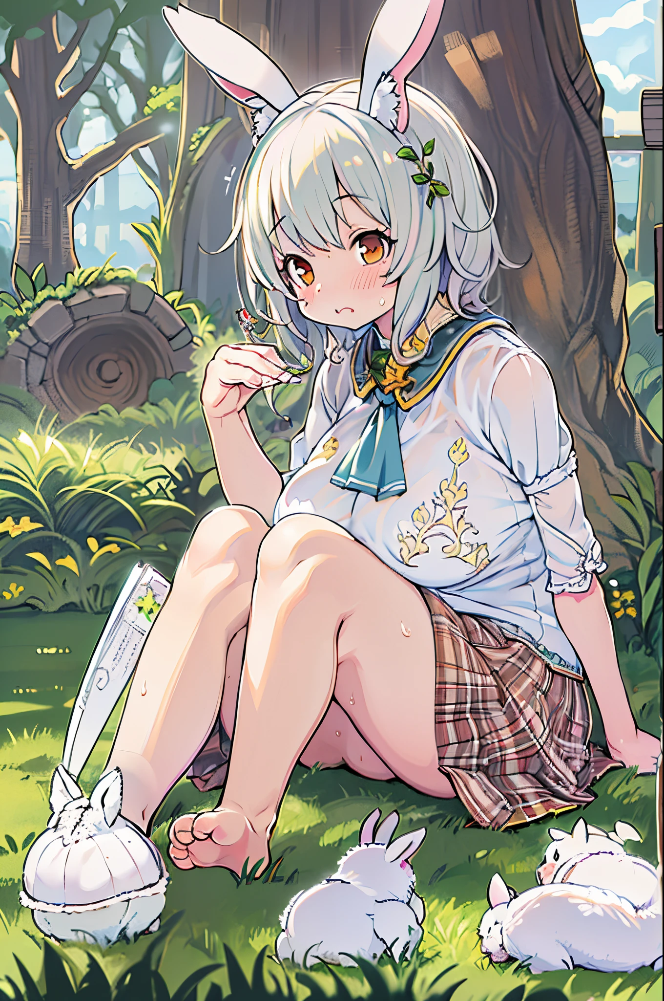 ((masutepiece, Best Quality)),1girl in, Solo, Animal ears, Rabbit, Barefoot, Skirt, Sitting, Rabbit ears, Short sleeves, (Teasing the, Shy, Blushing: 1.3), gaze at the audience, tussock, Short hair, Gray hair, puff sleeves, Outdoors, Fluffy short sleeves, Bangs, On the ground, Full body, animal, White Dress, Sunlight, Brown eyes, Mottled sunlight, Daytime,