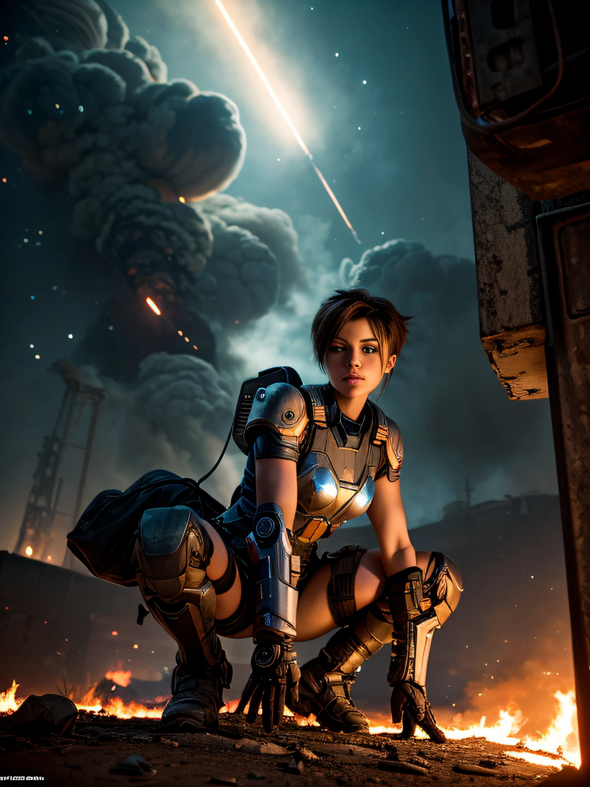 RAW photograph,  Russian girl 18 years old , beautiful face, beautiful facial features,  dirty sweaty face, long dirty blonde hair, wind blown hair, Clad sheer iridescent transparent cyberpunk armor, erotic, Against the backdrop of a desolate post-apocalypse, hero landing pose, crouched, destroyed buildings, Carcasses of burnt war vehicles, tracer bullet flares on background, Oppressive atmosphere, Dark skies, photo realism, sharp-focus, fallout, science fiction, cinematic scene, space vehicles in sky