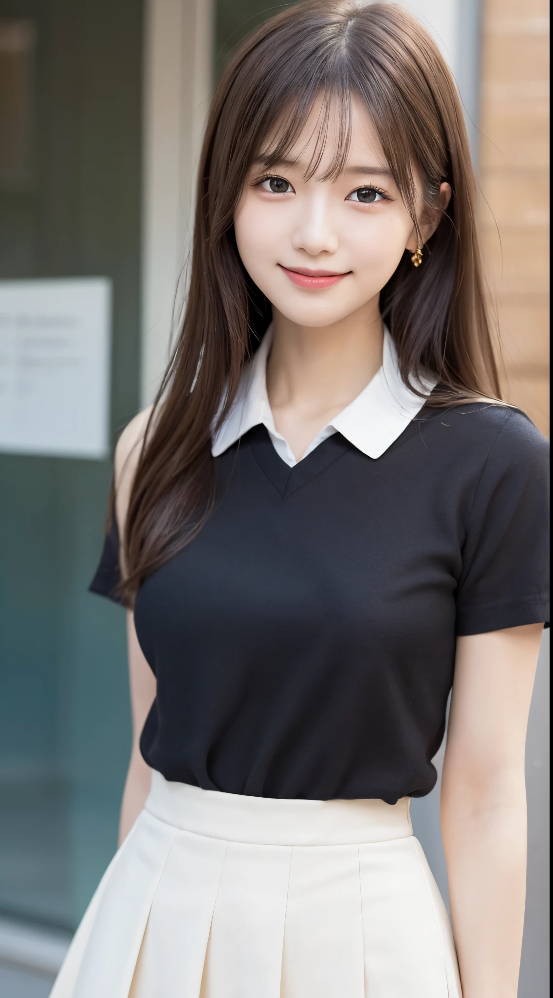 Masterpiece, top quality, official art, highly detailed CG Unity 8K wallpaper, like a schoolgirl, very delicate and beautiful, ultra high resolution, (photorealistic: 1.4), golden hour lighting, (upper body), (platinum shorthair: 0.8), (puffy eyes), looking at the viewer, facing the front, smiling, JK skirt, white dress, Shirt Lift Long Black Hair