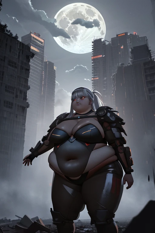 masterpiece, best quality, absurdres, obese girl, moderniadef, arms at sides, bodysuit, fractal art, shoulder pads, fat belly, fat thick thighs, fat arms, cute anda fat face, big cheeks, fat neck, moon, neon, debris, abandoned, city, ruins, destruction, destroyed, darkness, cloudy sky, night sky, neon trim, neon lights, cyberpunk, fire, smoke, mist, fog, red eyes, close-up, cowboy shot, realistic, 4K