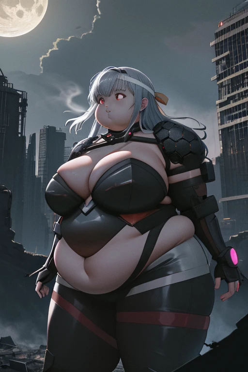 masterpiece, best quality, absurdres, obese girl, moderniadef, arms at sides, bodysuit, fractal art, shoulder pads, fat belly, fat thick thighs, fat arms, cute anda fat face, big cheeks, fat neck, moon, neon, debris, abandoned, city, ruins, destruction, destroyed, darkness, cloudy sky, night sky, neon trim, neon lights, cyberpunk, fire, smoke, mist, fog, red eyes, close-up, cowboy shot, realistic, 4K