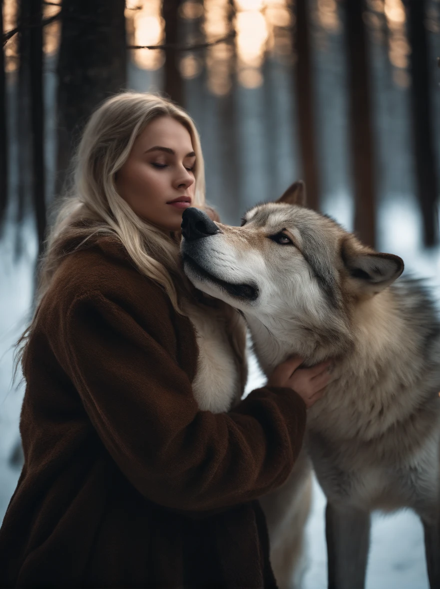 Blonde girl in the icy forest next to a big brown wolf, ((hugging wolf)), cinematic light, side lighting, ultra high resolution, best shade, RAW