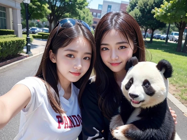 A high school girls takes a selfie with a panda