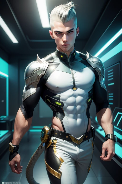 A highly detailed photograph of a white 18-year-old guy futuristic green eyes, side shaved hairstyle, short side swept hairstyle, clean face without imperfections, looking front to camera, looking straight at the camera, futuristic summer super warrior short silver suit, with dragon style and gold details, short sleeves, and shorts, revealing biceps and legs, looking straight at the camera,masculine pose, looking at the camera head on, handsome, atractive, with mischievous look, happy expression, in a futuristic neon tech room, beautiful illumination. hyperrealistic, hyperdetailed, 4k,
