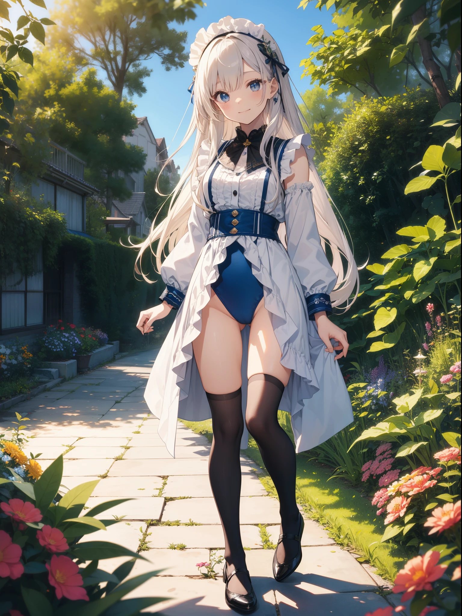 Beautiful illustration、top-quality、cute it girl、(transform sequence)、white japanese maid uniform、((Blue leotard))、10y old、elementr beautiful girl、Fractal Art、baby-face、((stright long ))、beul detailed eyes、A smile、Full Body Display、Western-style garden、(1 persons)、long-sleeve、landscaped gardens、(knee high socks)、is standing、(highleg)、