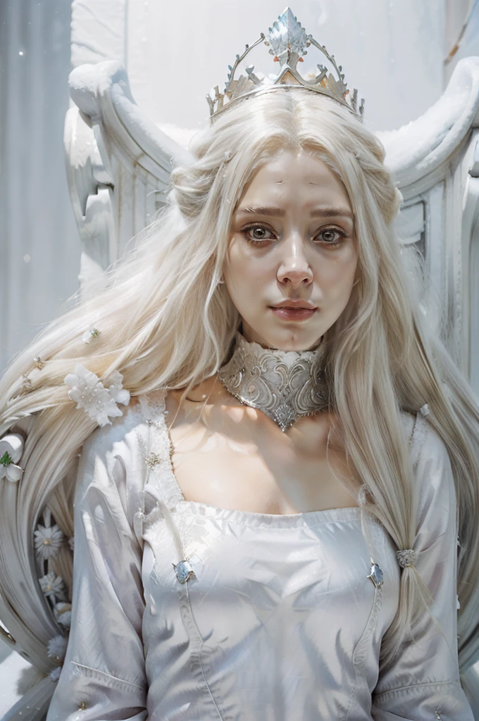 a drawing of a woman with long blonde hair and a crown, goddess of winter, perfect white haired girl, queen of ice and storm, queen of winter, blonde elvish empress, winter princess, white haired deity, white haired, beautiful character painting, magali villeneuve', white haired lady, beautiful fantasy art portrait, ((a beautiful fantasy empress)), fantasy portrait art