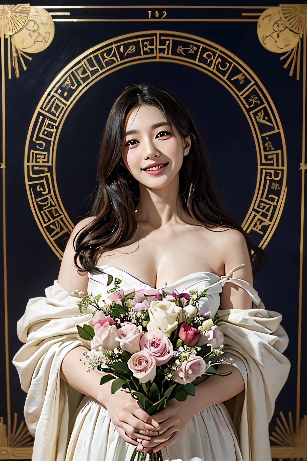 12 zodiac signs,quantum mechanics、Math、Astronomical machinery、astronault、Roses in a vase、fruits、,Colossal ,A smile、Ancient Greek costumes、Paintings by Sandro Botticelli。Costume with stretched shoulders,huge smile,Chiaroscuro of Caravaggio,Cute smile, Expression of ,A 