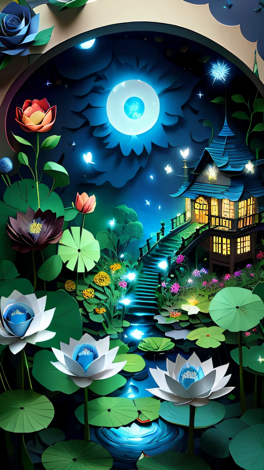 without humans,Secret garden, (Rose flower),Strange tree house,stairways,Winding bluestone road,(waterfall man),(small stream),lotus flower,water lilies,Rose bushes,Busty big breasts, florals, rosette, butterflys,glowworm,a plant, romanticism lain, moodiness, sky sky,Starcloud,nigh sky,As estrelas,rays of moonlight,
, paper_Cut blank background