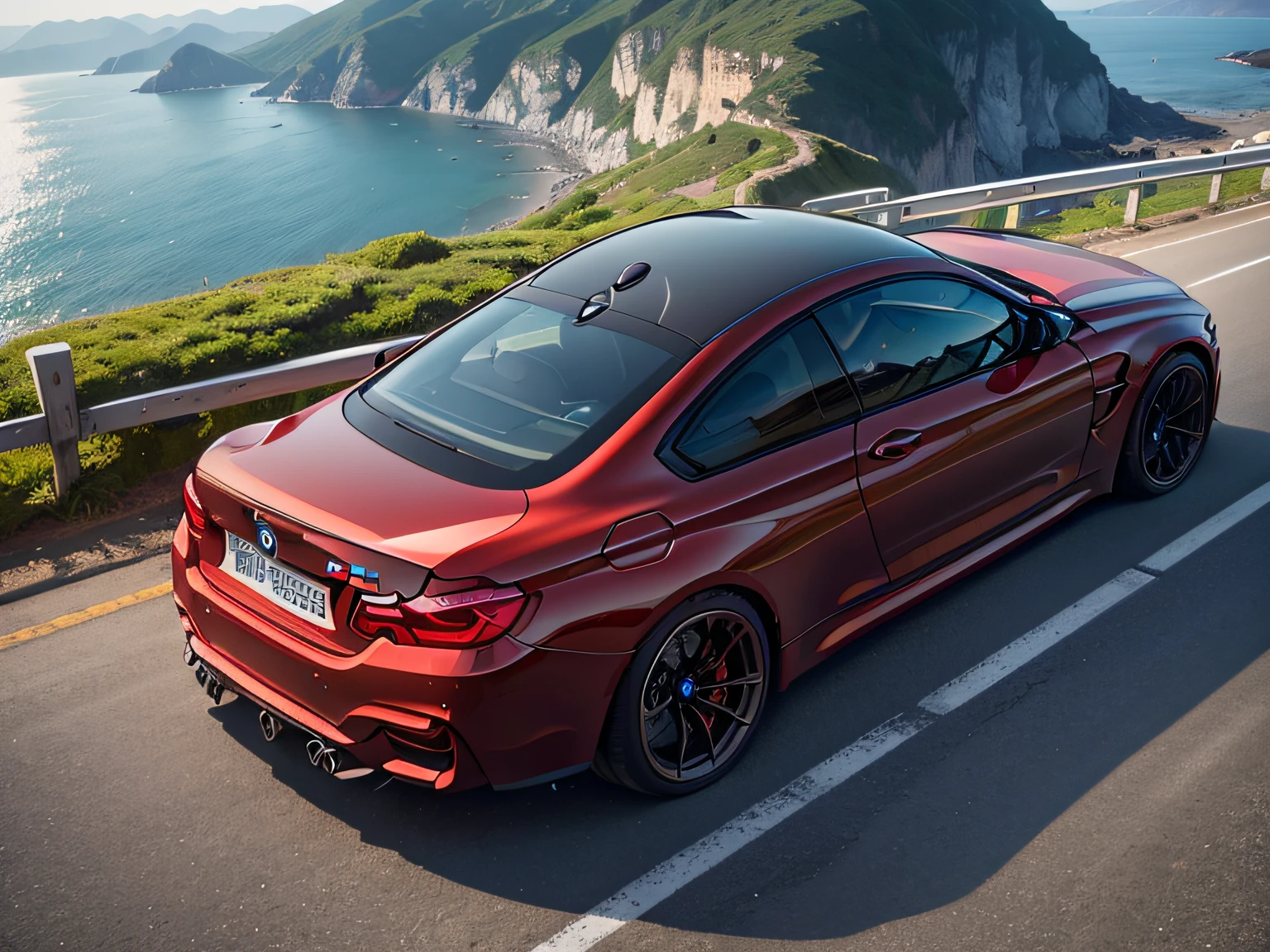 超A high resolution、An ultra-high picture quality、8K、Detailed details、marvelous expression、early summer coastline、Beautiful fresh greenery and lapping waves、A red sports car runs gracefully on the mountain pass road along the coast..........、((BMW M4 Coupe))