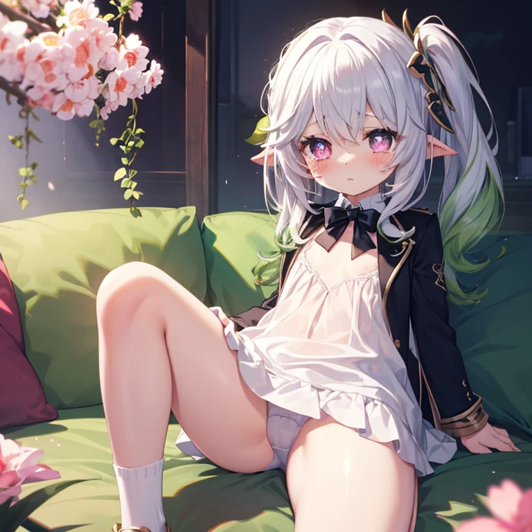 Best Quality, (cute petit girl:1.3), flat chest,Beautiful pink eyes、Lori、(Cuteness beyond limits),(bend knee),lovely thighs,is crying、(White underwear:1.3)、Perverted poses、blazers