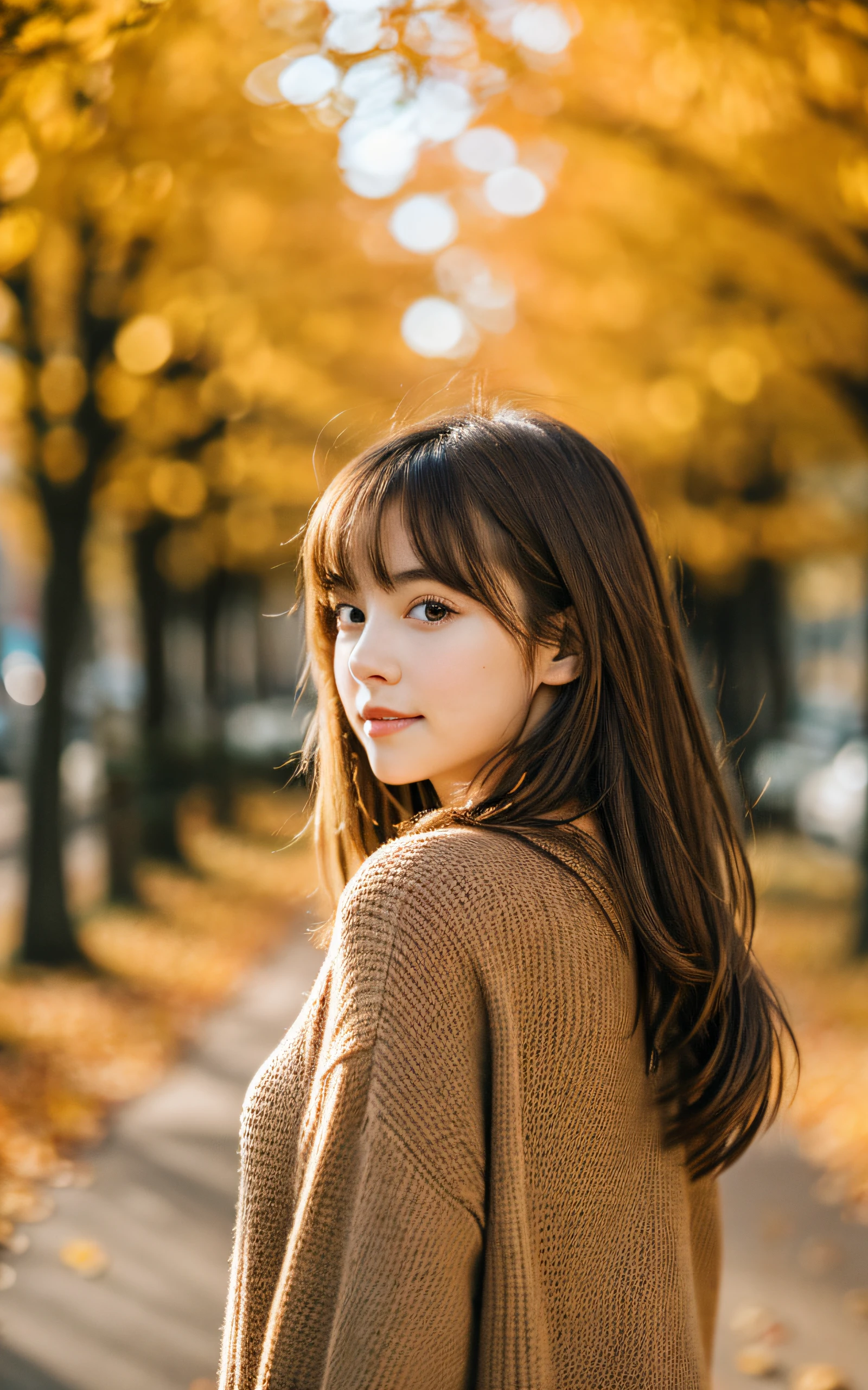 masutepiece, Best Quality, 8K, 1 girl, in autumn, Tree-lined avenue of autumn leaves, out of focus, 18 yo, medium breasts, Mouth slightly open, cute little, Solo, sad, Clothes that look good in autumn, Cute, Girly, Delicate girl, Neat and clean beauty, Raw photo, Professional Photography, Portrait, Soft light, Professional Lighting, Back lighting, Upper body, see the beholder, Sophisticated, Film grain, (Eyes and faces with detailed:1.0), Medium hair swaying in the wind, beautiful flowing brown hair, Bangs