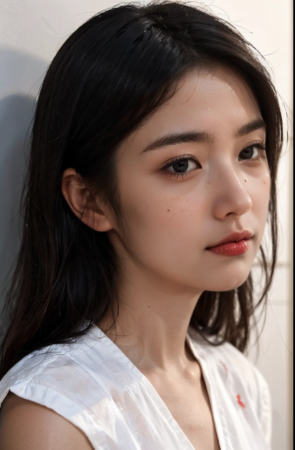 (8k, RAW photo, best quality, masterpiece:1.2), yjnn, 1girl, 3d, , , grey_background, lips, long_hair, long_sleeves, looking_at_viewer, medium_ nose, face portrait, realistic, shirt,Shiny skin, beautiful delicate face, beautiful delicate eyes ,(realistic, photo realistic:1), bokeh , volumetric light, HDR, bloom