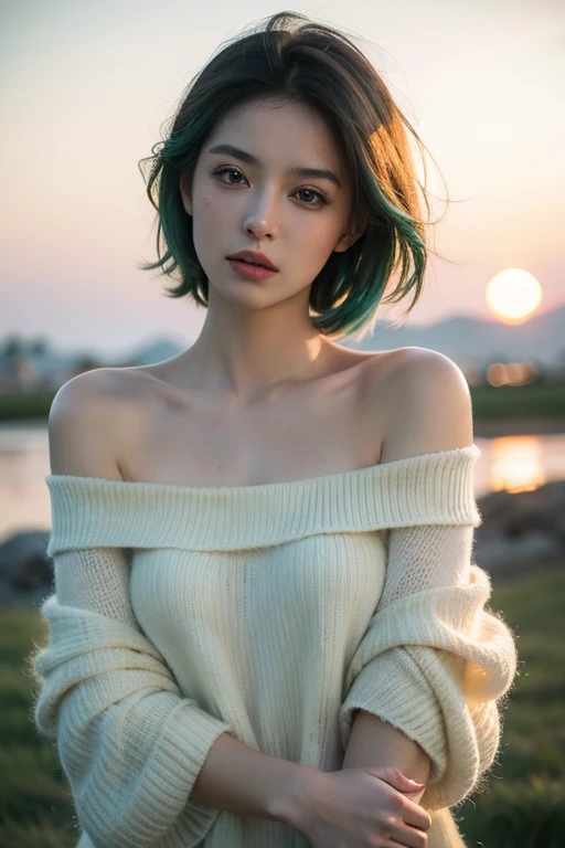 (best quality, masterpiece, ultra-high resolution, (realistic:1.4), original photograph, 1 girl, green eyes, off-shoulder style, cinematic lighting, blue hair, sunset)