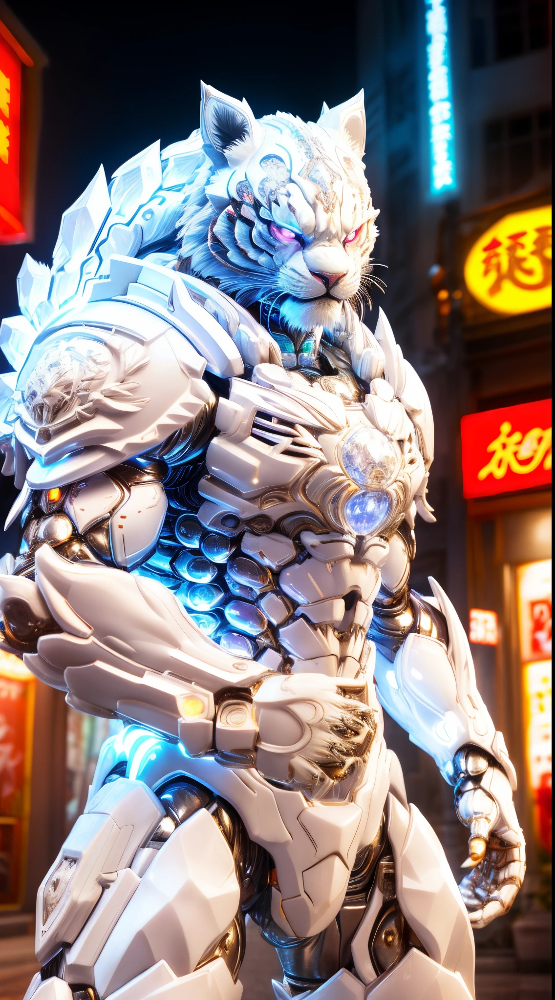 Chinese White Tiger, white tiger head, heterochromia iridis, white crystal armor, cleanness, muscle body.