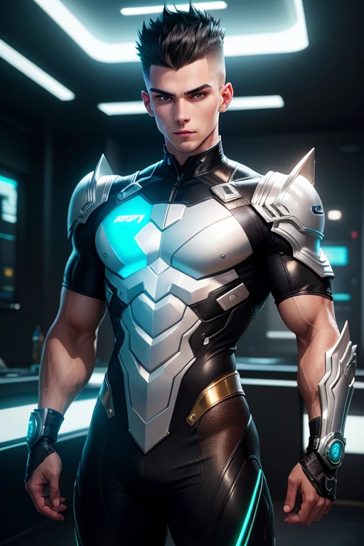 A highly detailed photograph of a white 18-year-old guy futuristic green eyes, side shaved hairstyle, short hairstyle, black hair, clean face without imperfections, looking front to camera, futuristic summer super warrior short silver metalic scales suit, with dragon style and gold details, short sleeves, and shorts, revealing biceps and legs, looking straight at the camera,masculine pose, looking at the camera head on, handsome, atractive, with mischievous look, happy expression, in a futuristic neon tech room, beautiful illumination. hyperrealistic, hyperdetailed, 4k,