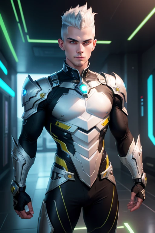 A highly detailed photograph of a white 18-year-old guy futuristic green eyes, well groomed short black hair, looking straight at the camera, looking straight at the camera, futuristic silver super warrior short suit with dragon, and gold details, short sleeves, and shorts, revealing biceps and legs, looking straight at the camera,masculine pose, looking at the camera head on, handsome, atractive, with mischievous look, happy expression, in a tech futuristic neon room, beautiful illumination. hyperrealistic, hyperdetailed, 4k,