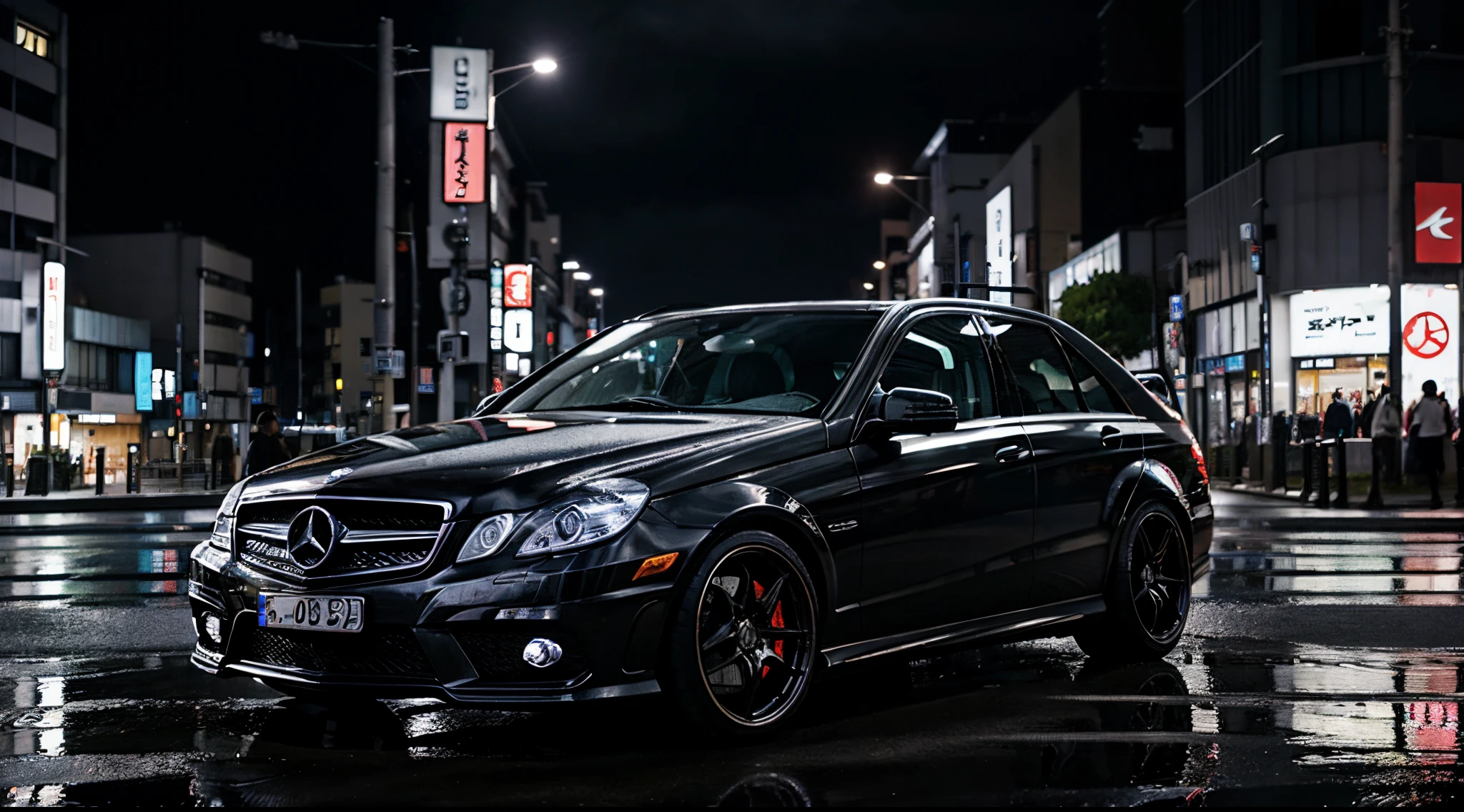 modified mercedes E63s , Tokyo street while it is night and raining ,desktop wallpaper, 16:9 ratio,