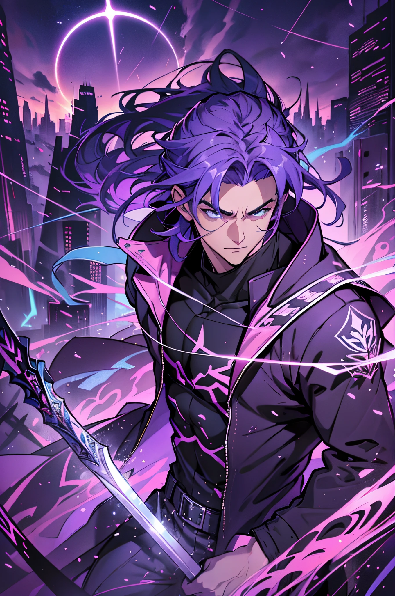 a handsome guy, floating in the air, he is surrounded by the twenty swords, Purple, The background is the sky above the city. Unlimited Blade Works, Tyndall effect, glow special effects, in the style of anime art, romantic graffiti, gongbi, realistic pop, neo fauvist, Knolling, 8k. --auto --s2