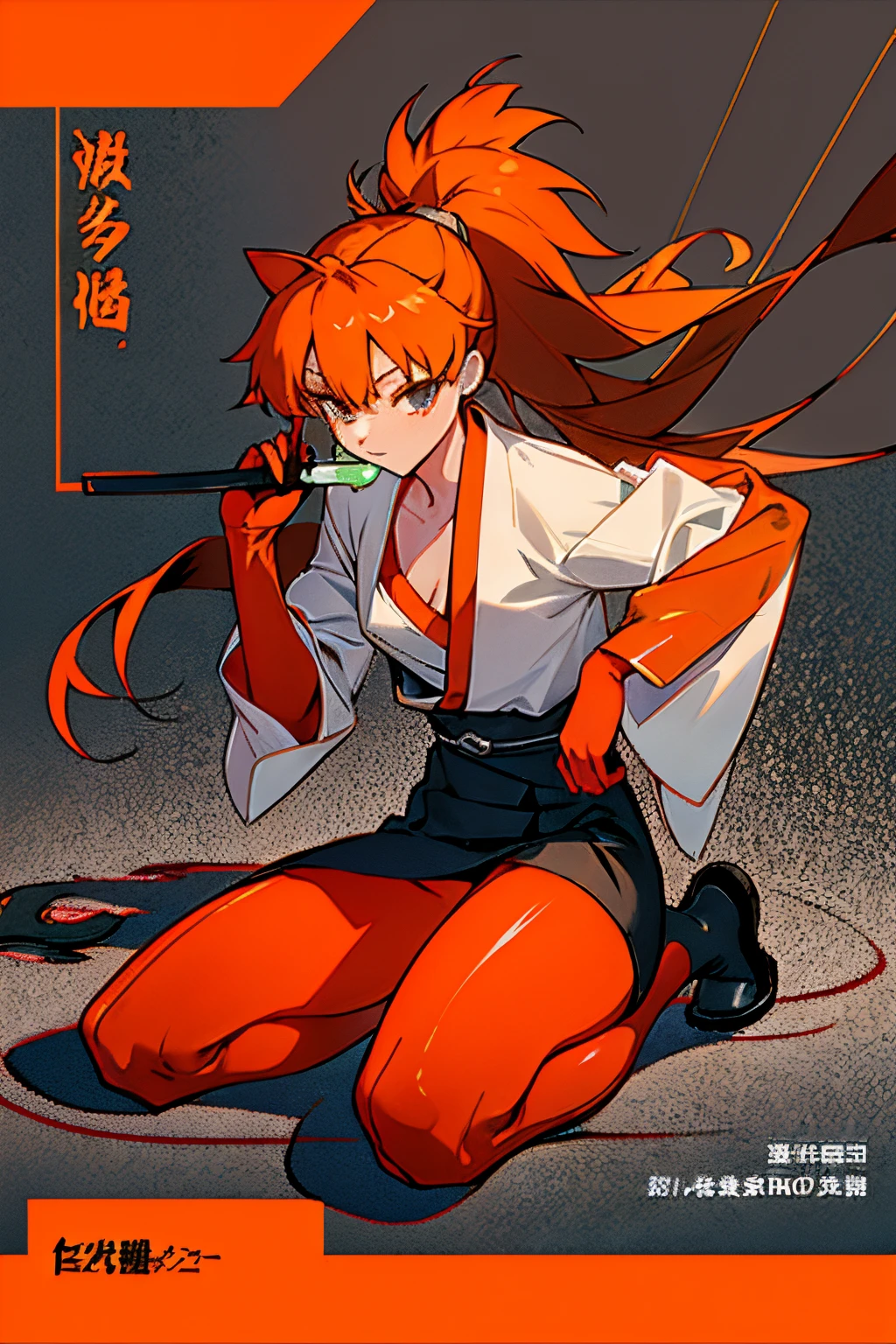 offcial art，katana swords，Single horsetail，（tmasterpiece，Best quality at best，Detailed pubic hair， 独奏， Full body lesbian， wariza， origin， medium chest sound，Wonderful and magical， Unity 8k壁纸， ultra - detailed， Beautiful and beautiful，Luigi，clothes open，Bare chest， tmasterpiece， Best quality at best， realistically， Interface headset， tights under clothes，Wear a coat，Single ponytail for orange hair，Long gray hair，（（Kimono white））， white technical clothing, Yellow and black safety tape,japanese tradition，Common，Sakura NS，Wear wooden shoes ，校服,Racing Wear，Wear a coat，Long gray hair，red hair clothes，（（Kimono white））， white technical clothing, industrial setting, perfect body figure, Spacious size , Very sexy,，muscle group，Gel coat，orange colors，fansty world，Clean design，Epic Instagram