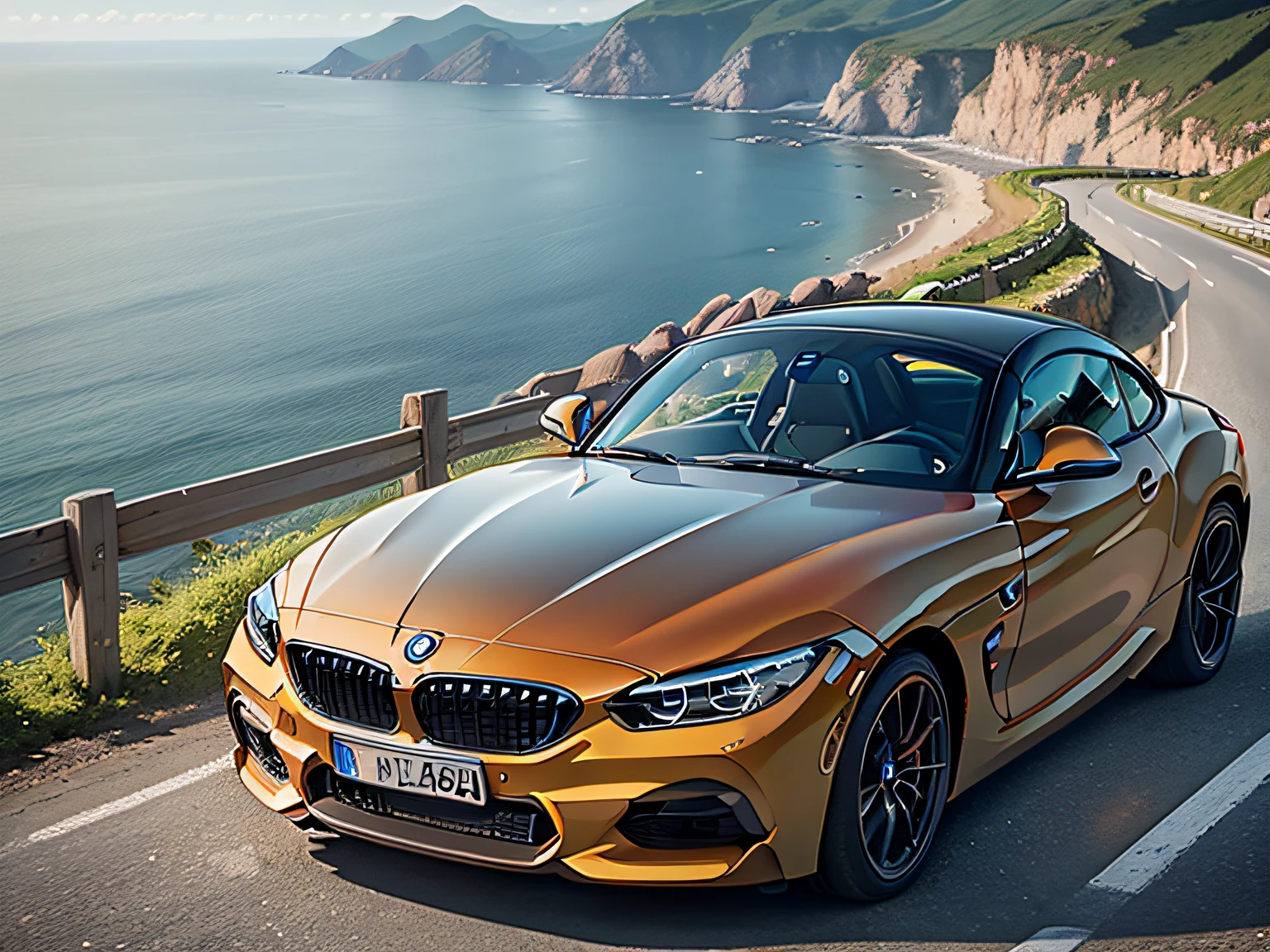 超A high resolution、An ultra-high picture quality、8K、Detailed details、marvelous expression、early summer coastline、Beautiful fresh greenery and lapping waves、A red sports car runs gracefully on the mountain pass road along the coast...........、((nffsw Z4 coupe))