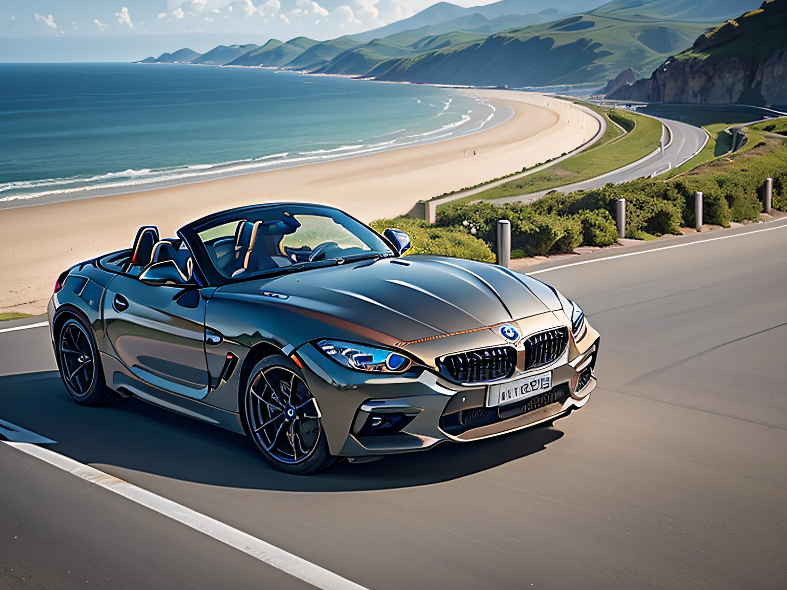 超A high resolution、An ultra-high picture quality、8K、Detailed details、marvelous expression、early summer coastline、Beautiful fresh greenery and lapping waves、A red sports car runs gracefully on the mountain pass road along the coast...........、((nffsw Ｚ4 coupe))