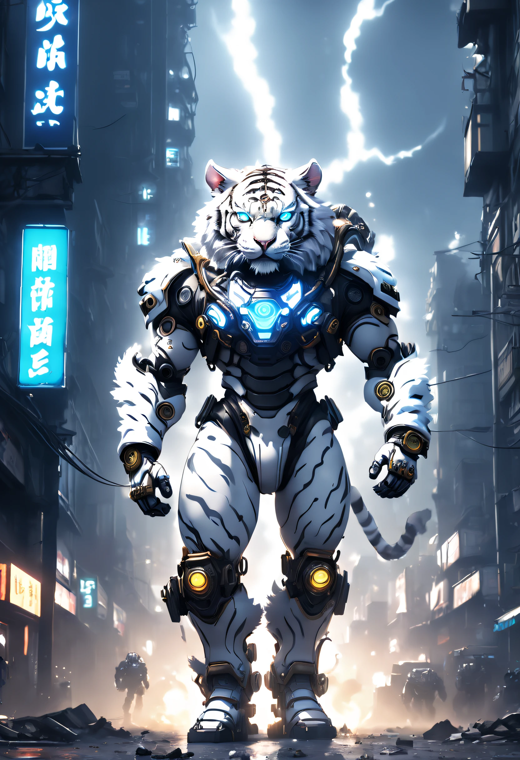 (anthropomorphic turtle:1.5),(Full body photo), cyber punk perssonage, in the middle of a, 1 White Tiger Mecha(Mechanical style white tiger head, white luminous goggles, Gas masks, Muscular limbs, fit-muscled body), Stand on two legs, Mechanical Wonder, Damage to machine components,No Man, rays of moonlight, dreamy glow, city ruins, ( globalillumination, Ray traching, HighDynamicRange, unreal render,Reasonable design, tmasterpiece, Best quality at best, hyper HD, 电影灯光), Tang MPl4sm4T3chXL