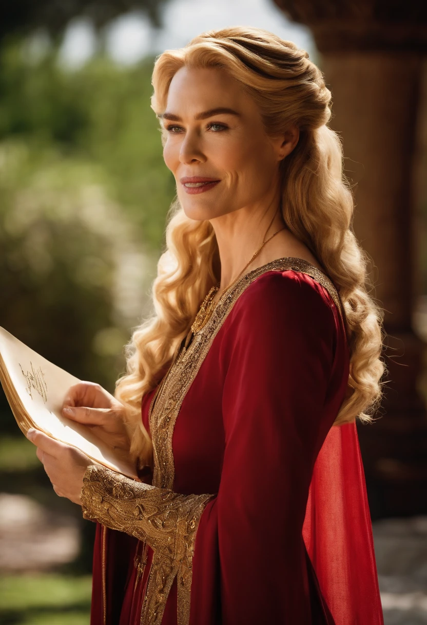 A photo of Cersei holding a freshly signed document, with a triumphant smirk on her face as she admires her own handiwork.,Game of Thrones TV Show,Cersei is pale with golden hair, green eyes, wears red gowns and gold jewelry, famously portrayed by Lena Headey, female