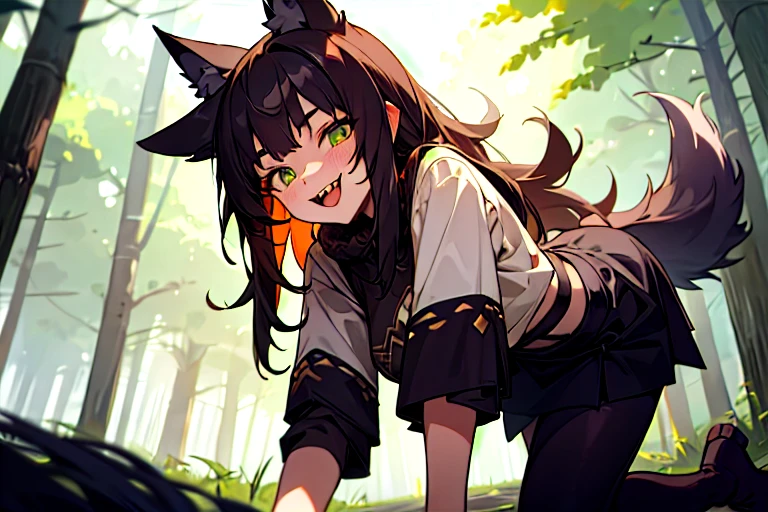 Wolf ears、Wolf's tail、Kizi、Brown skin tone、Wild attire、Majestic nature、Straddling、forested、yellow eyes、From Underneath