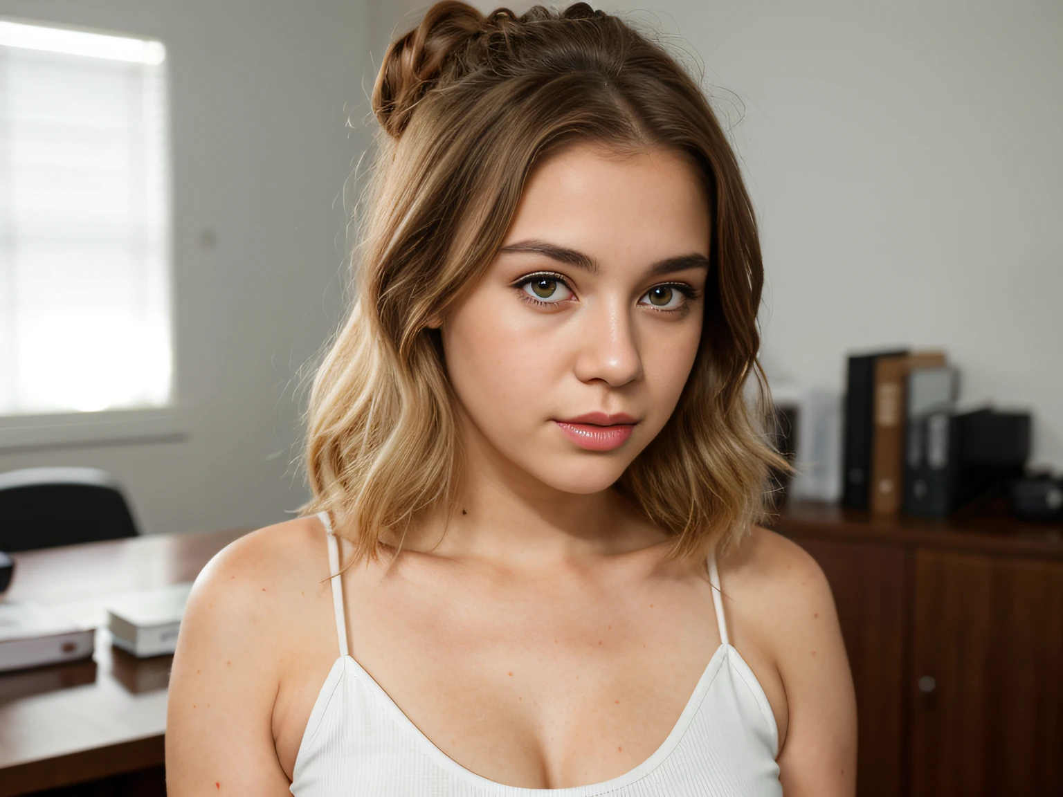 Young girl, petite, blonde hair, small round face, ((small pointed nose:1.1)), blushing cheeks, bright hazel eyes, (((Kelsey McWilder))), 8k, 4k, highly detailed face and eyes, imperfect skin, highly detailed skin texture, hair in bun, torso portrait, standing in office, cocktail dress with tights, cleavage, (chubby), seductive, pouting lips