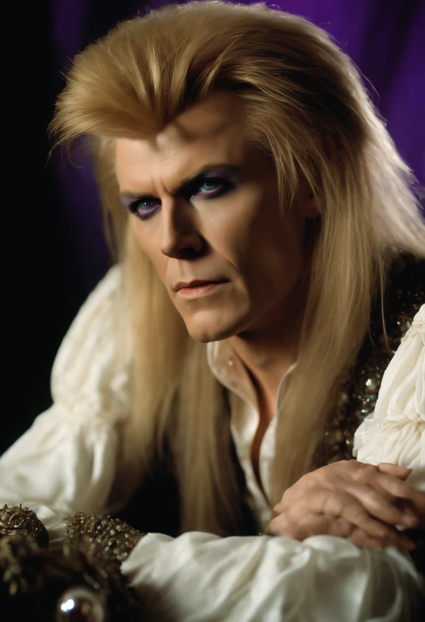 A snapshot of Jareth, the Goblin King, gazing into a shimmering crystal ball with a contemplative expression,Labyrinth,Jareth has long spiky blonde hair, purple eyeshadow with cat-eye eyeliner, wears a frilly shirt and tight pants, and a high open collar. Portrayed by David Bowie in the film "Labyrinth", male