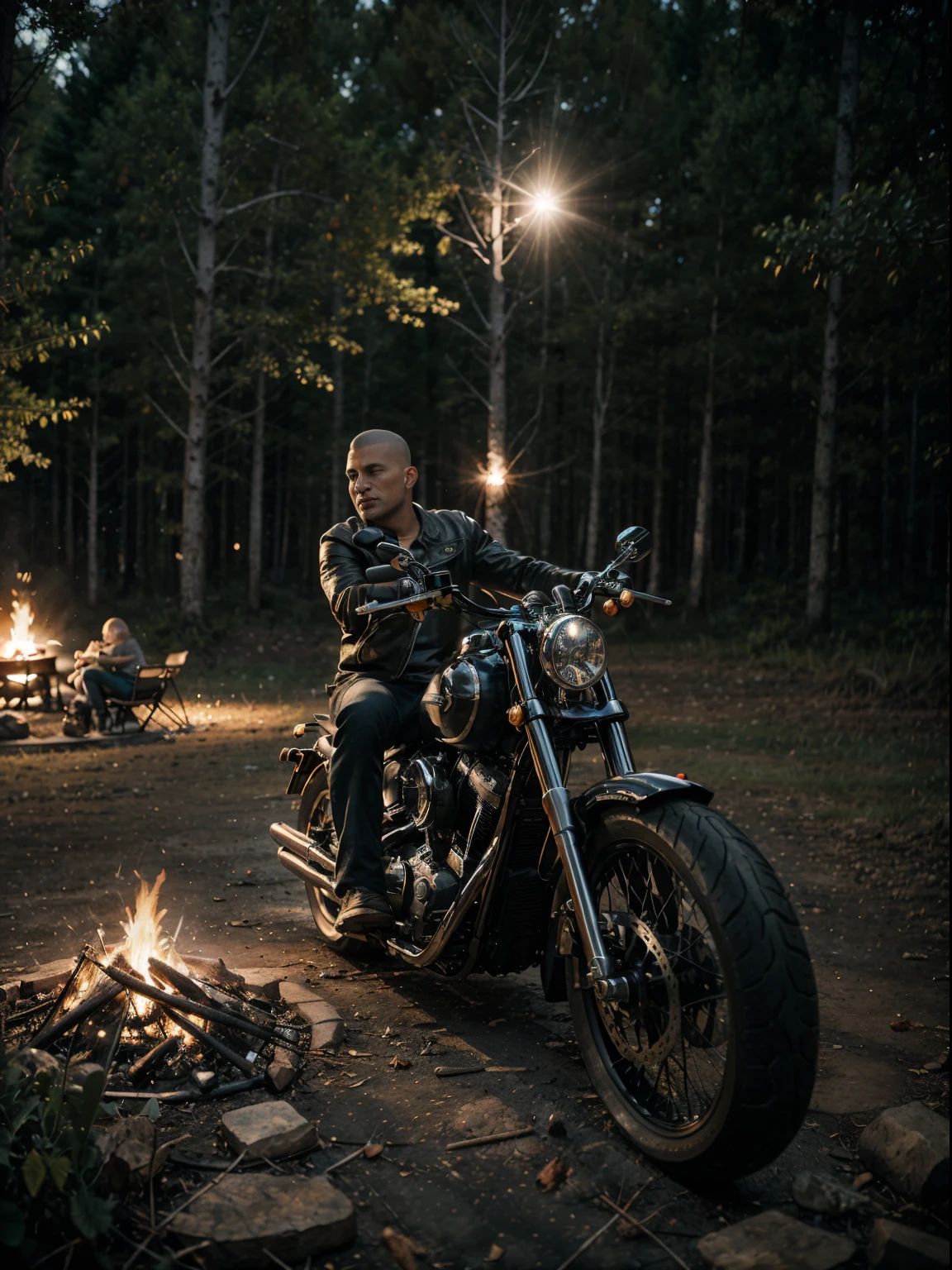 a man enjoy motorcycle and camping, skin head, harley davison, ???? movie scene, campfire, relax, happay, night, forest, starlight, paking motorcycle