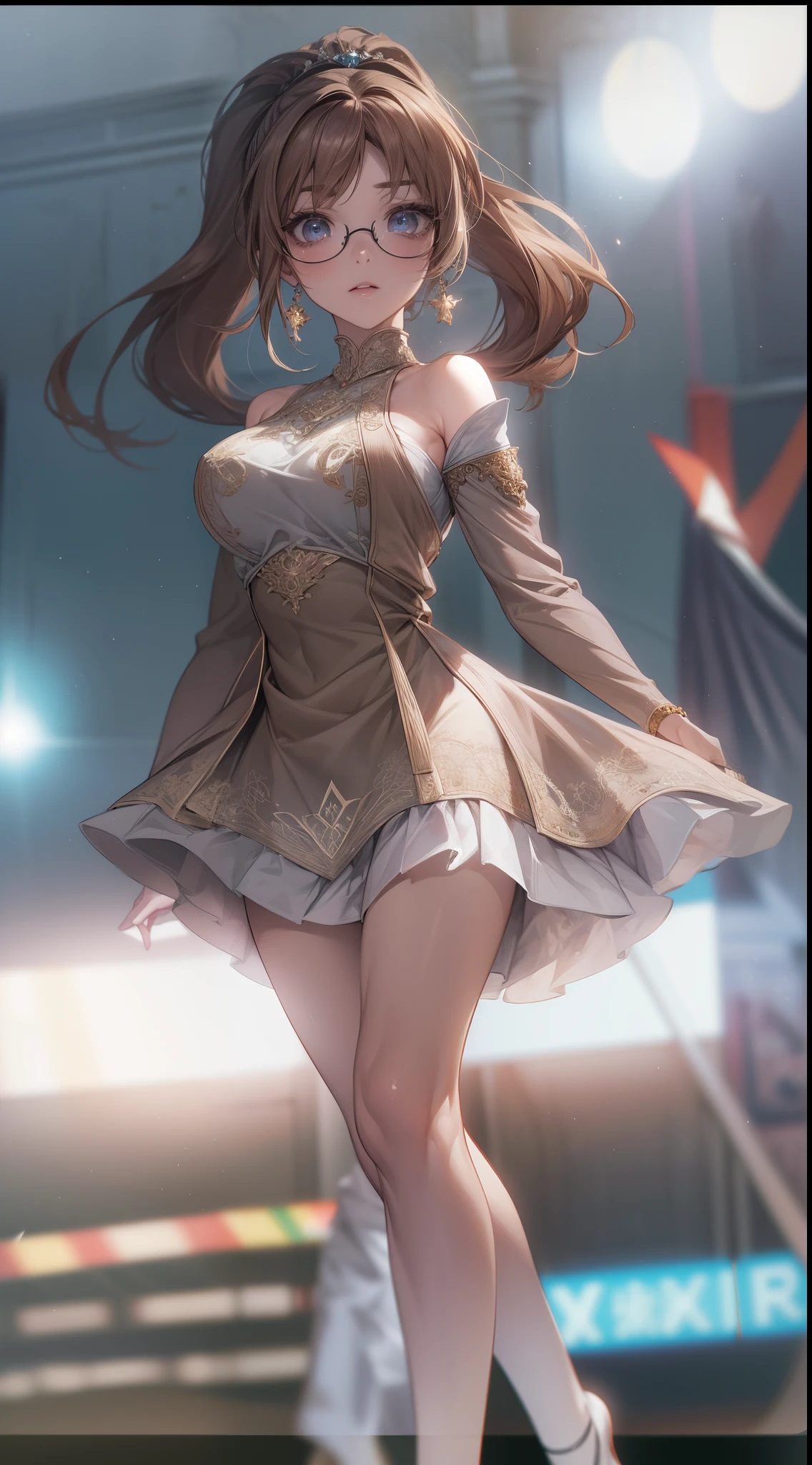 8K, masutepiece, Raw photo, Best Quality, Photorealistic, Highly detailed CG Unity 8k wallpaper, depth of fields, Cinematic Light, Lens Flare, Ray tracing, (Extremely beautiful face, Beautiful lips, Beautiful eyes), intricate detail face, ((Ultra detailed skin)) 1girl in, In the Dark, deepshadow,  (Very slim and slender fit muscular body:1.3), ((Looking at Viewer)),(), (Blurred background),(No people in the background:1.3), Beautiful earrings, Bracelets, pantyhose, Clear eyes, Walking, (pale skin), (Big eyes), Face forward, (Brown hairs), (Full body shot), ((Race Queen)), ((skirt by the)), , (Looking at Viewer:1.3) opened breast, Very slim, medium breasts, backtrack, (Back shot), ass forcus, Before the eyebrows,(), thick thighs,Frameless glasses,Beautiful ponytail,Racetrack,Cosplay