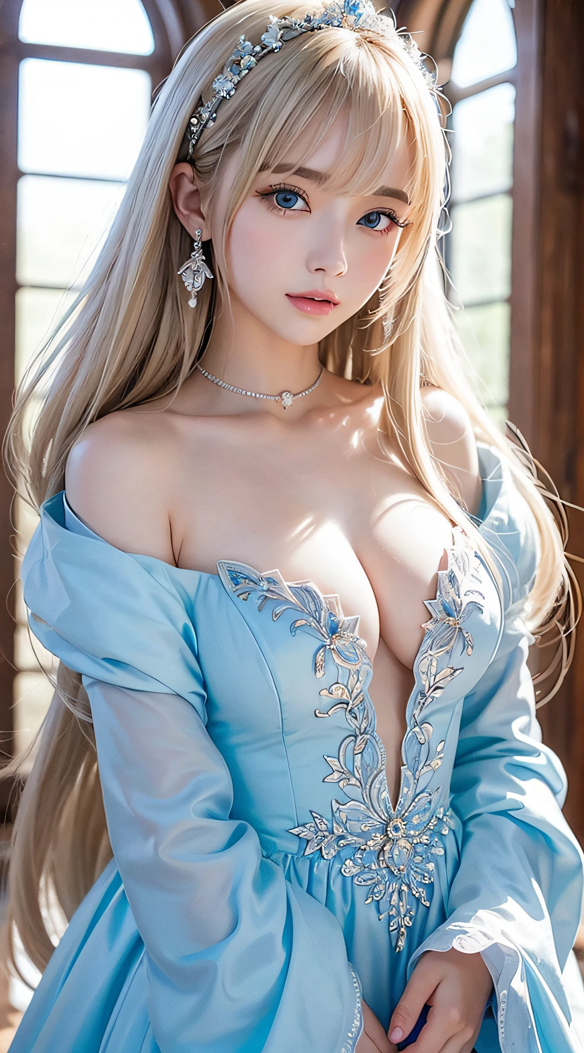 (a closeup:1.4)、(RAW shooting:1.2)、(Photorealsitic:1.4)、(​masterpiece:1.3)、(top-quality:1.4)、bright expression、extremely beautyful girl、Extraordinary beautiful girl、Detailed cute and beautiful face、Beautiful bangs、Glowing white shiny skin、facial hairs、Bangs that extend to the face、Bangs between the eyes、Super long hair、Attractive light and dark platinum blonde super long straight silky hair、finer hair、Attractive glowing beautiful bright clear light blue big eyes、Luxurious dresses、Double eyelids、Lush bust、The upper part of the body、Old castle