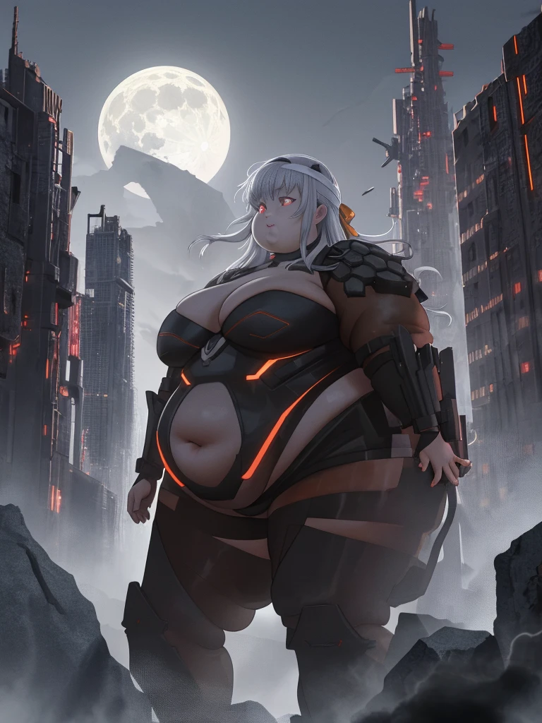 masterpiece, best quality, absurdres, obese girl, moderniadef, arms at sides, ????????, fractal art, shoulder pads, fat belly, fat thick thighs, fat arms, cute anda fat face, big cheeks, fat neck, moon, neon, debris, abandoned, city, ruins, destruction, destroyed, darkness, cloudy sky, night sky, neon trim, neon lights, cyberpunk, fire, smoke, mist, fog, red eyes, close-up, cowboy shot, realistic, 4K