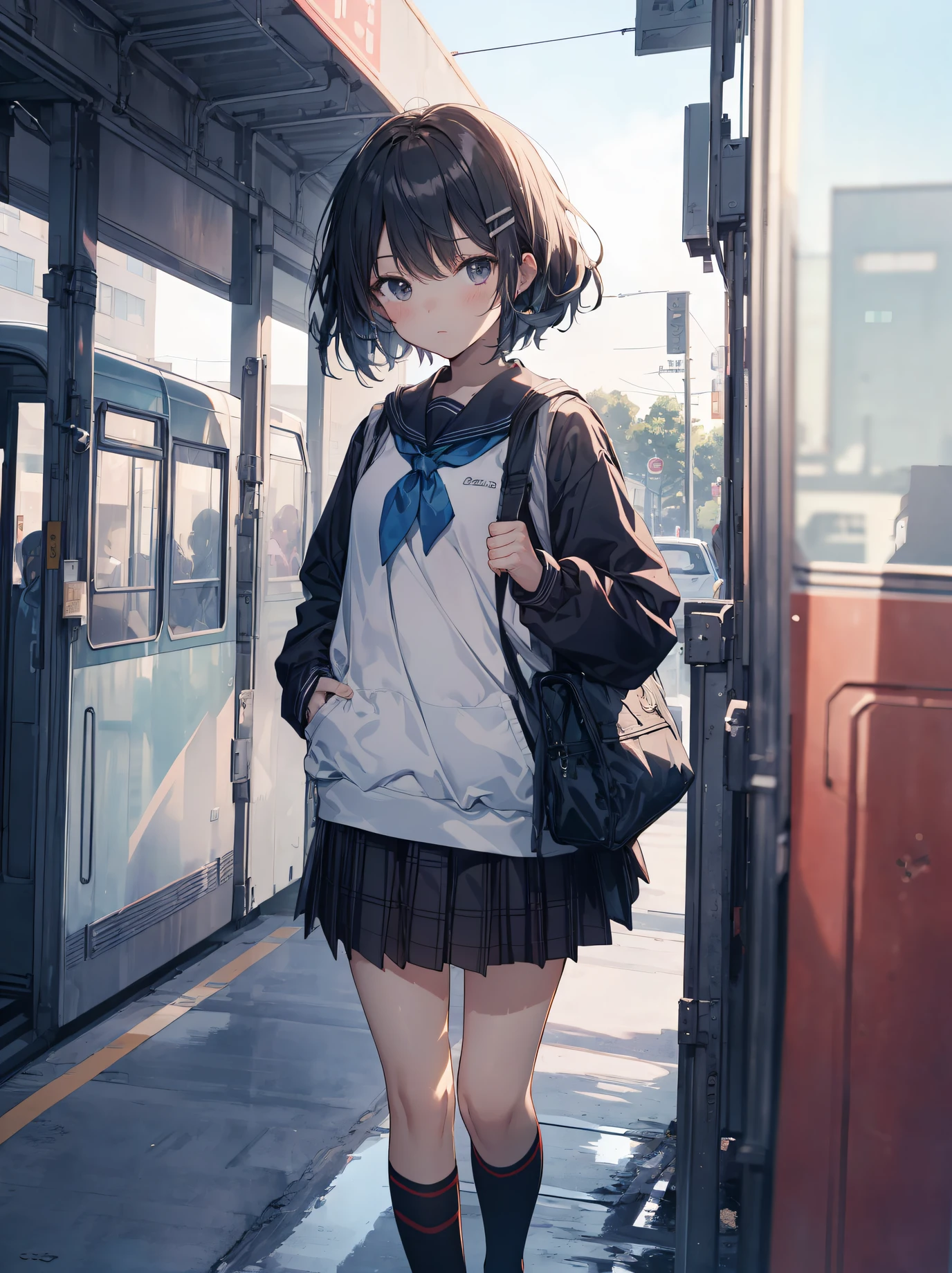 divine quality, anime moe art style,Best Anime 8K Konachan Wallpapers,Badass Anime 8K,Perfect Anatomy, (Draw a girl sleepily walking to school. ),BREAK, 1girl in, (Solo,Lori,,13yea:1.3),High school students, Very short hair,Parted bangs,(Hair over one eye), Full limbs, complete fingers,medium breasts, groin, Small eyes,Precise black eyes, hair clips, School uniform, On the way to school. BREAK,Ultra-detailed,High resolution,super detailed skin, Professional Lighting,8k eye details, (Cute illustration:1.2),
