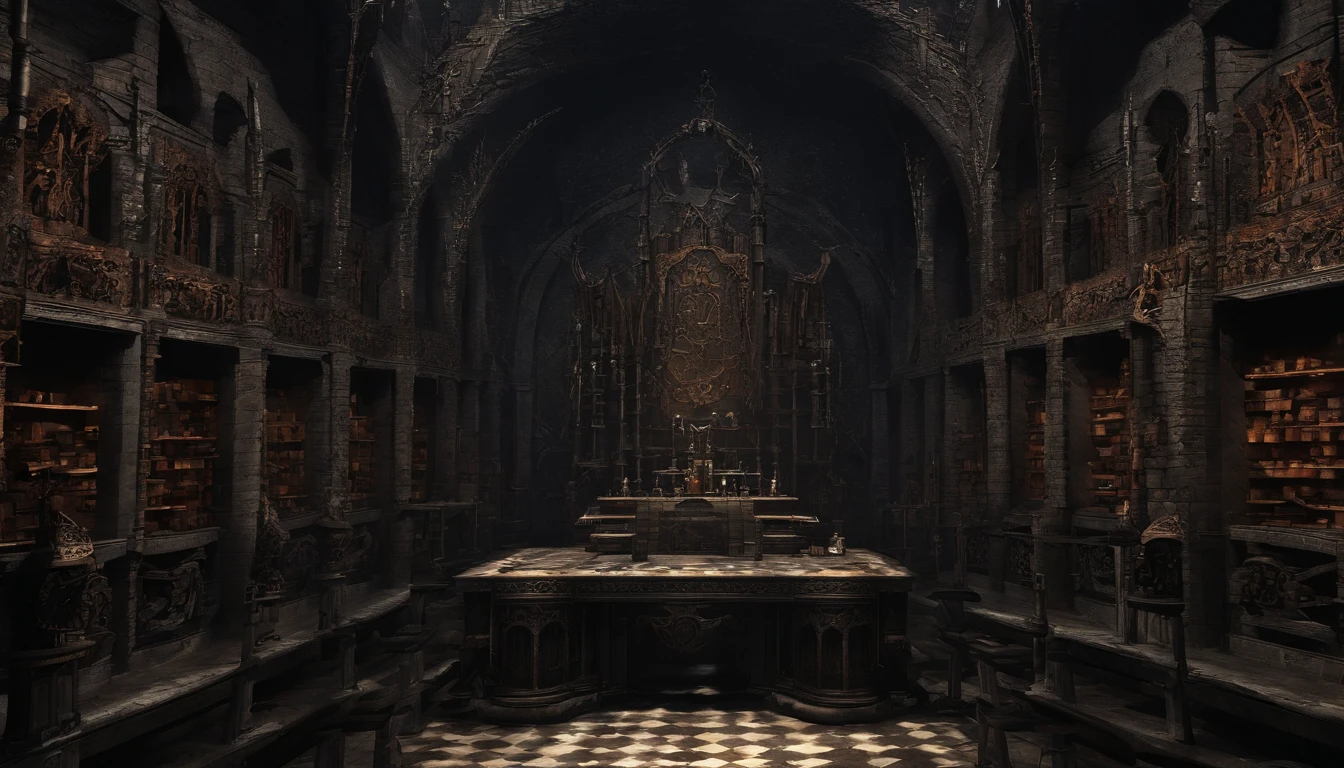 45° top-down,large scene,Wide-angle perspective,depth of fields,((Best quality at best)), ((tmasterpiece)), ((ultra - detailed)), (illustratio), (detailedlight),A dark dungeon with a weapons depot and a forge,Large blacksmith furnace,Iron felt,Weapon racks