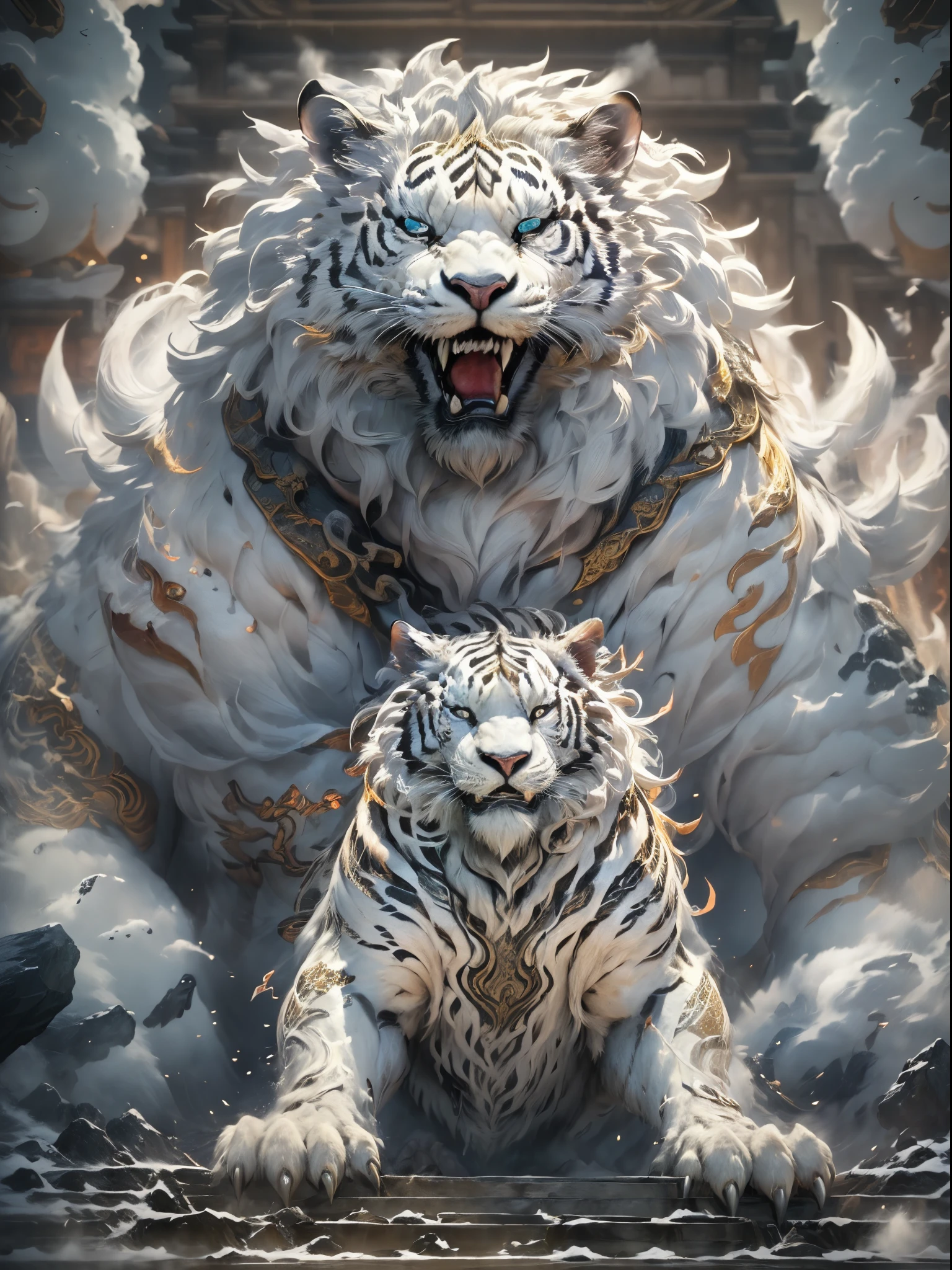 (Best quality at best,tmasterpiece, iintricate,hyper-detailing，Extremely detailed CG unified wallpaper) , dahuangdongjing，A mythical beast in Chinese mythology(the white tiger),White tiger resembles a huge white tiger，Huge and powerful。It has a majestic body and sharp claws，The whole body is covered with fur as white as snow，White tigers usually have a pair of short horns on their heads，And both eyes radiate light like lightning，Surrounded by lightning，Surrounded by white clouds，dreamland wonderland、Genting Heavenly Palace，，The mountain is very steep，strange rocks，Fantastical，Ogre、square、Riding，Faraway view，(Best quality at best,tmasterpiece, iintricate,hyper-detailing，RAW photogr,8K，hyper HD,超高分辨率,Realisticstyle,A cinematic scene, Focus sharp,dramatic lights,Extremely detailed CG unified wallpaper，Chinese color，The colors are bright，bright，Traditional Chinese elements，（（Ancient murals）），Illustrative myths，Fuyao Legend，Dappled light，Hazy haze，Mystic aura，tmasterpiece，k hd，plethora of colors，detailed detail，Seven colors)