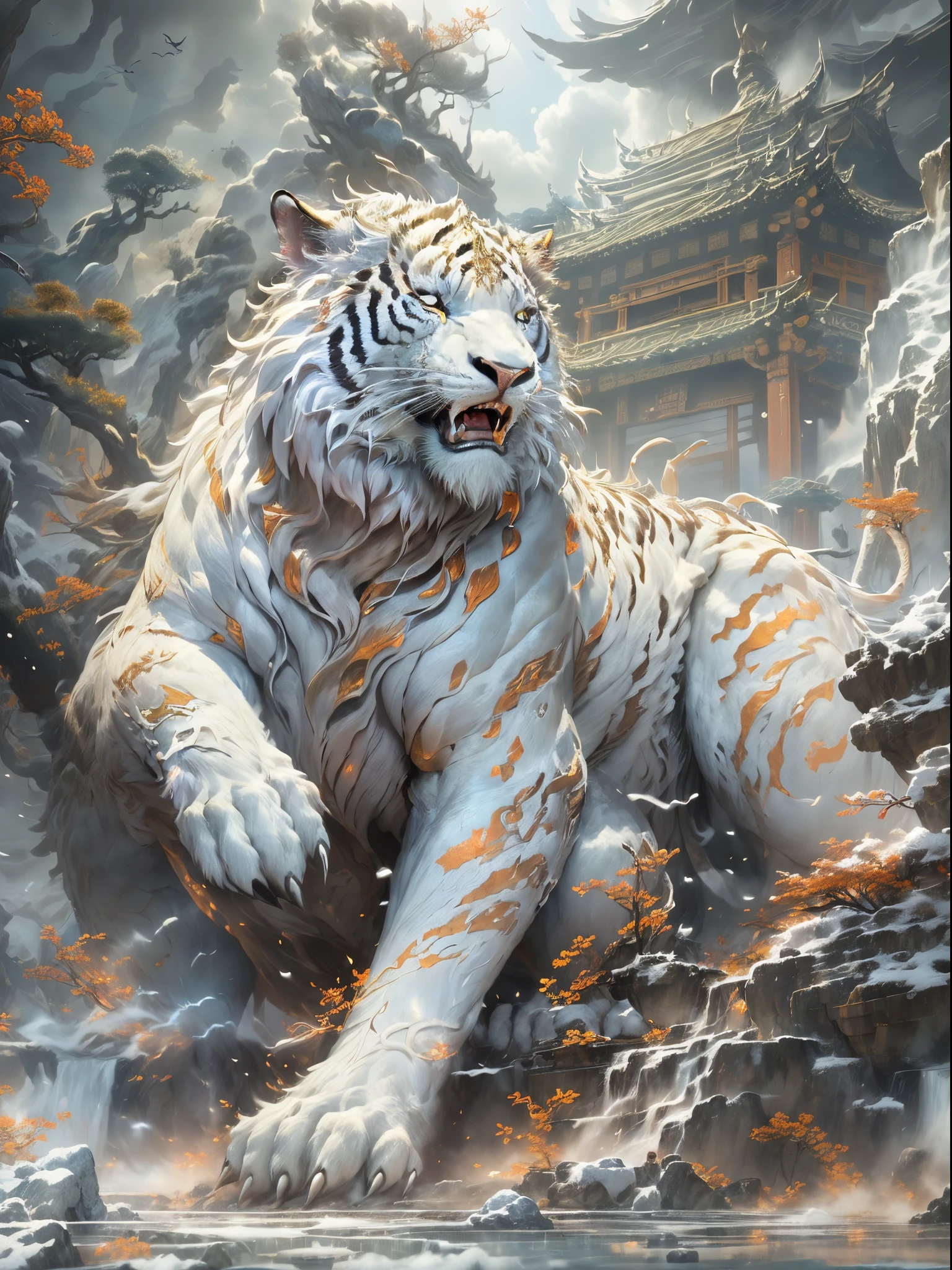 (Best quality at best,tmasterpiece, iintricate,hyper-detailing，Extremely detailed CG unified wallpaper) , dahuangdongjing，A mythical beast in Chinese mythology(the white tiger),White tiger resembles a huge white tiger，Huge and powerful。It has a majestic body and sharp claws，The whole body is covered with fur as white as snow，White tigers usually have a pair of short horns on their heads，And both eyes radiate light like lightning，Surrounded by lightning，Surrounded by white clouds，dreamland wonderland、Genting Heavenly Palace，，The mountain is very steep，strange rocks，Fantastical，Ogre、square、Riding，Faraway view，(Best quality at best,tmasterpiece, iintricate,hyper-detailing，RAW photogr,8K，hyper HD,超高分辨率,Realisticstyle,A cinematic scene, Focus sharp,dramatic lights,Extremely detailed CG unified wallpaper，Chinese color，The colors are bright，bright，Traditional Chinese elements，（（Ancient murals）），Illustrative myths，Fuyao Legend，Dappled light，Hazy haze，Mystic aura，tmasterpiece，k hd，plethora of colors，detailed detail，Seven colors)